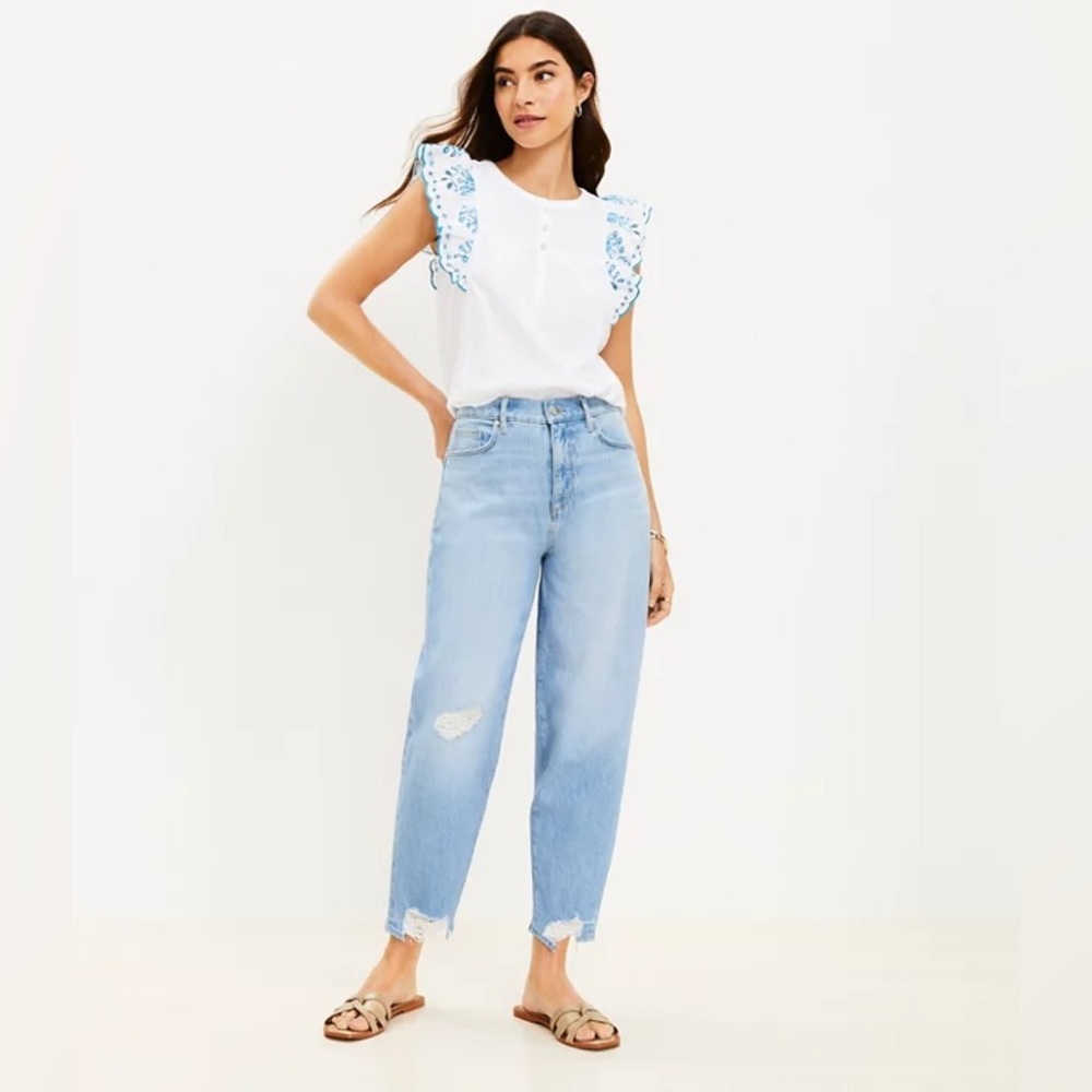Destructed Fresh Cut High Rise Barrel Jeans In Light Indigo Wash